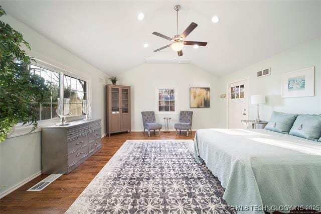 bedroom featuring recessed lighting, visible vents, dark wood finished floors, and lofted ceiling