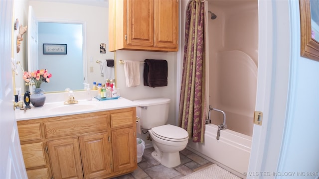 full bath with toilet, shower / tub combo with curtain, and vanity