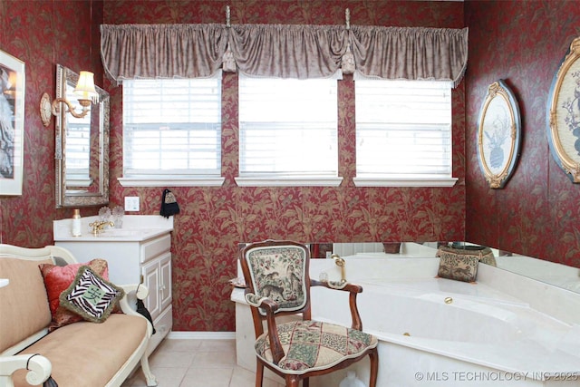 bathroom with a garden tub, wallpapered walls, and tile patterned floors