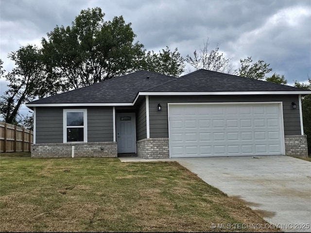 single story home featuring driveway, a shingled roof, an attached garage, fence, and a front lawn