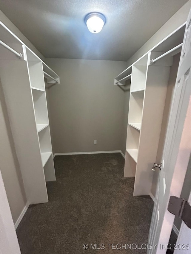 spacious closet featuring dark carpet