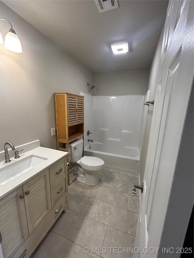 full bathroom featuring visible vents, shower / bathtub combination, toilet, vanity, and tile patterned flooring