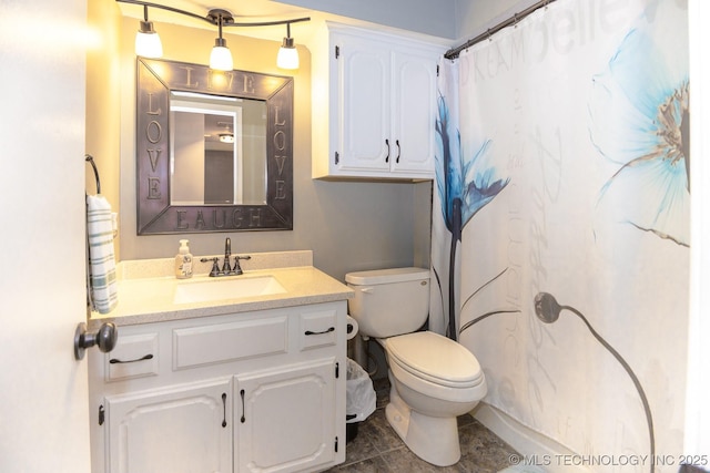 full bath featuring vanity, toilet, a shower with curtain, and tile patterned flooring