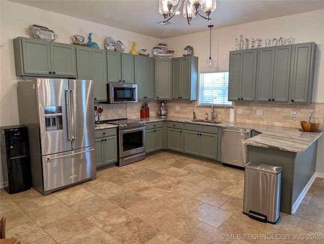 277 Oak Hollow Rd, Eufaula, OK 74432 - kitchen featuring appliances with stainless steel finishes, a sink, a chandelier, and tasteful backsplash