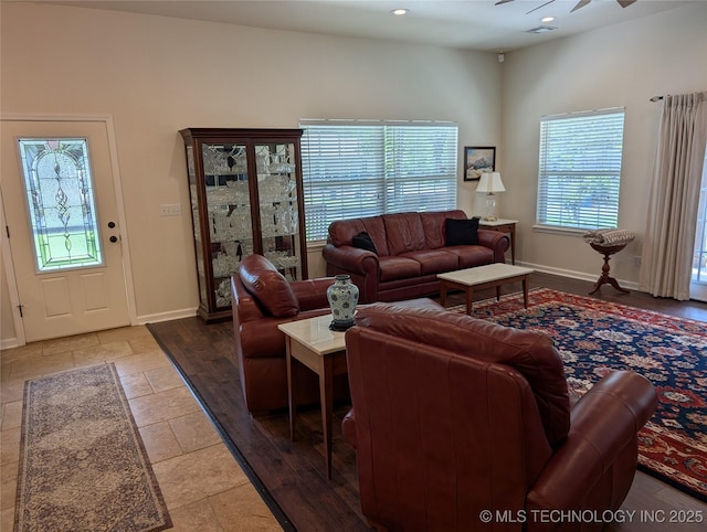 277 Oak Hollow Rd, Eufaula, OK 74432 - living room with baseboards, stone tile flooring, recessed lighting, and a ceiling fan