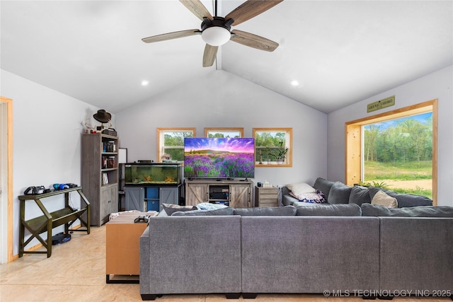 65365 E 155th Rd, Wyandotte, OK 74370 - living area with lofted ceiling, ceiling fan, and recessed lighting