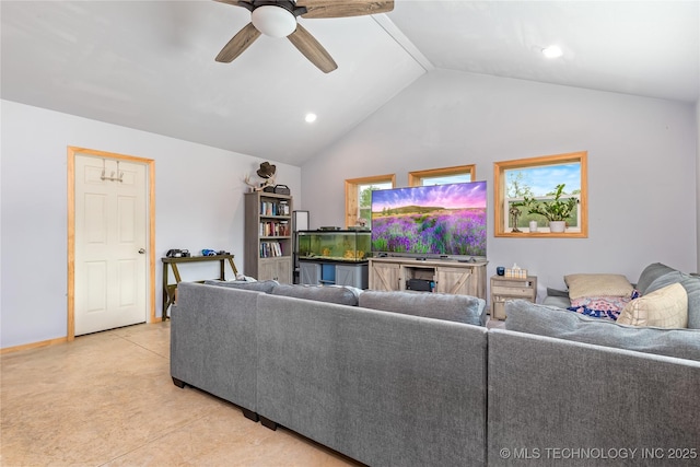 65365 E 155th Rd, Wyandotte, OK 74370 - living room featuring recessed lighting, a ceiling fan, and high vaulted ceiling