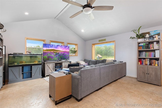 65365 E 155th Rd, Wyandotte, OK 74370 - living room with recessed lighting, a ceiling fan, vaulted ceiling, and a healthy amount of sunlight