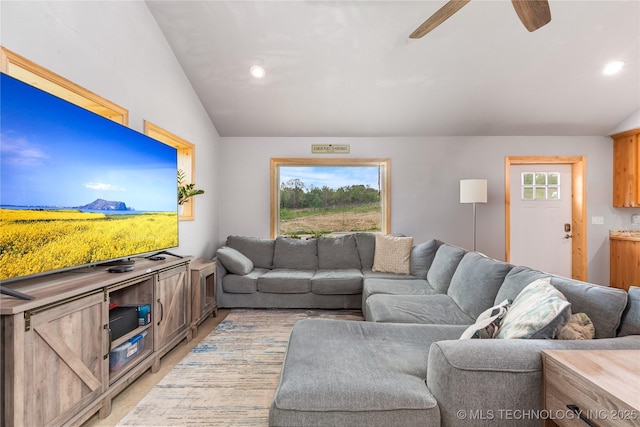 65365 E 155th Rd, Wyandotte, OK 74370 - living area featuring lofted ceiling, ceiling fan, light wood-type flooring, and recessed lighting