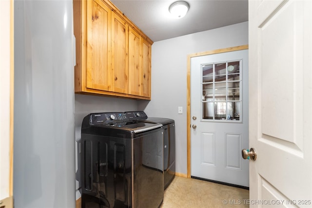65365 E 155th Rd, Wyandotte, OK 74370 - clothes washing area featuring cabinet space, independent washer and dryer, and light colored carpet