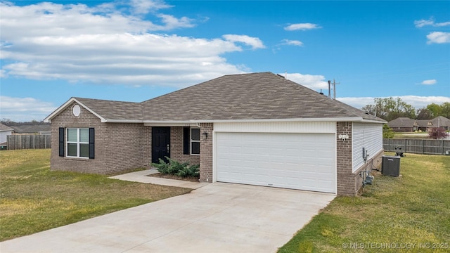 single story home with brick siding, a front lawn, fence, and a shingled roof