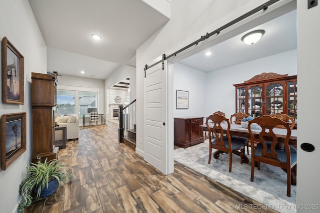 1992 E 173rd St S, Mounds, OK 74047 - dining area featuring dark wood-style flooring, recessed lighting, and a barn door