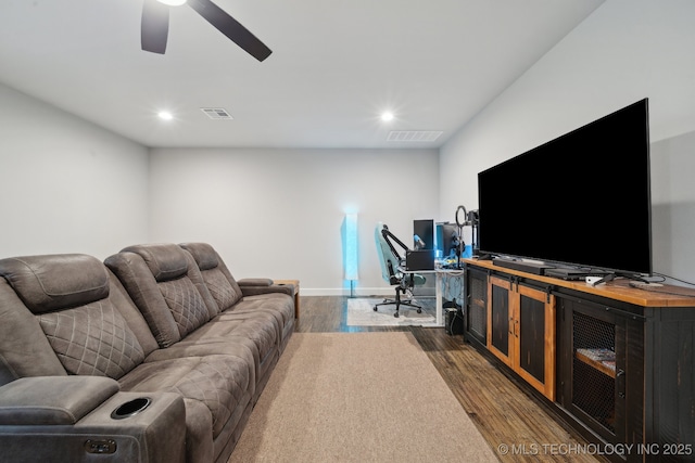 1992 E 173rd St S, Mounds, OK 74047 - living room featuring recessed lighting, a ceiling fan, dark wood-style floors, and visible vents