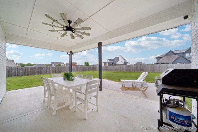1992 E 173rd St S, Mounds, OK 74047 - view of patio / terrace featuring a fenced backyard, ceiling fan, grilling area, and outdoor dining space