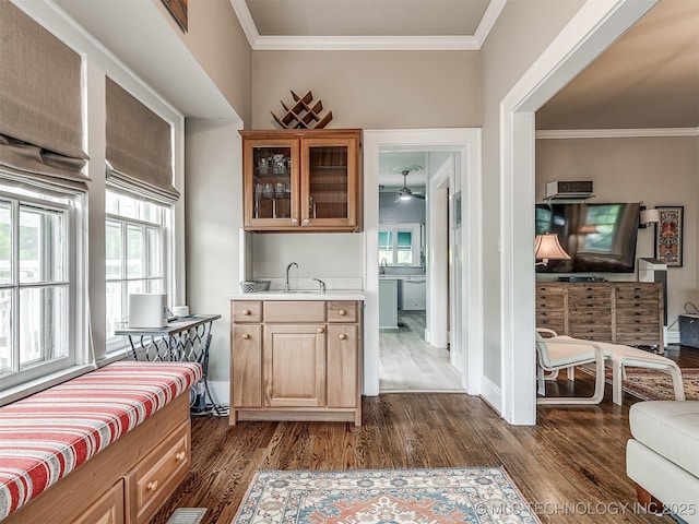 1805 W Easton St, Tulsa, OK 74127 - bar featuring dark wood-style flooring, ornamental molding, and a ceiling fan