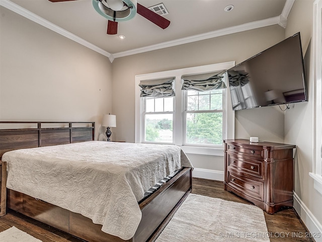 1805 W Easton St, Tulsa, OK 74127 - bedroom with dark wood-style floors, crown molding, ceiling fan, and recessed lighting