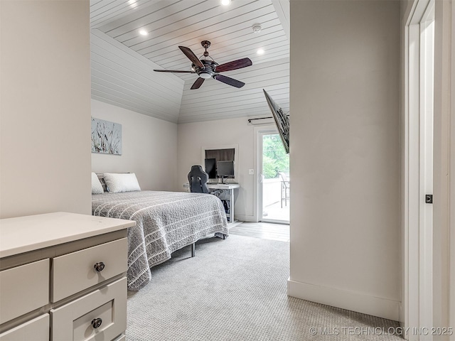 1805 W Easton St, Tulsa, OK 74127 - carpeted bedroom featuring wood ceiling, lofted ceiling, access to exterior, recessed lighting, and a ceiling fan