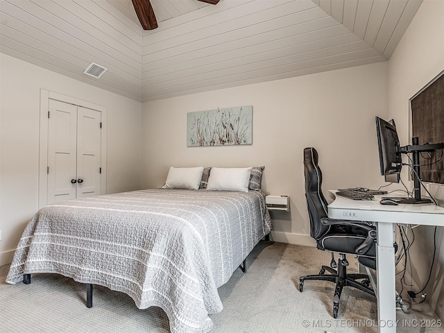 1805 W Easton St, Tulsa, OK 74127 - bedroom with lofted ceiling, carpet, a desk, wood ceiling, and ceiling fan