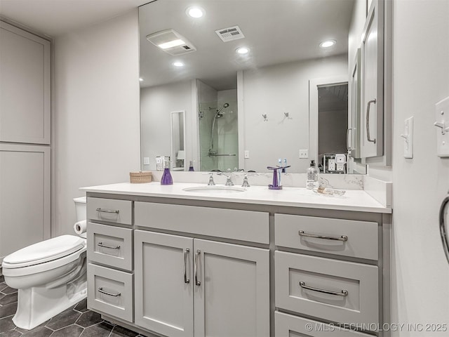 1805 W Easton St, Tulsa, OK 74127 - bathroom with a shower stall, vanity, recessed lighting, and tile patterned floors