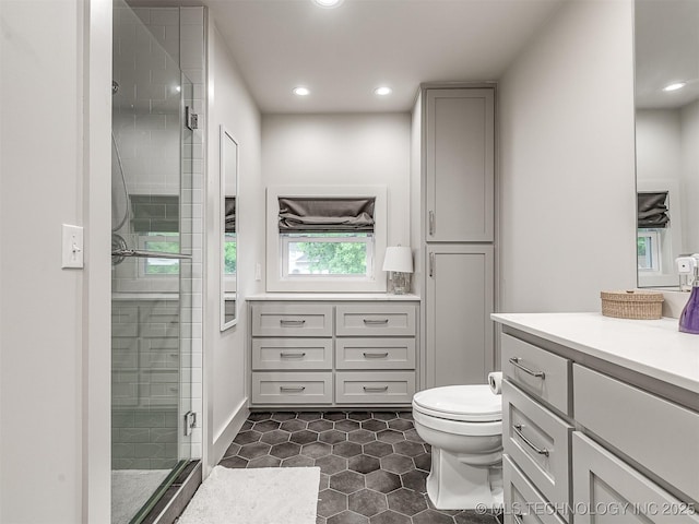 1805 W Easton St, Tulsa, OK 74127 - full bathroom featuring vanity, a stall shower, recessed lighting, and tile patterned floors
