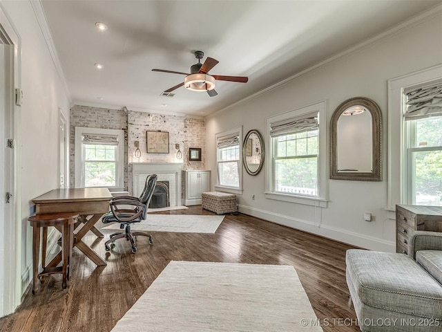 1805 W Easton St, Tulsa, OK 74127 - office area featuring crown molding, a brick fireplace, a ceiling fan, and wood finished floors