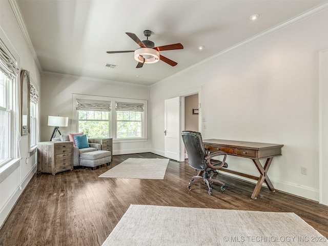 1805 W Easton St, Tulsa, OK 74127 - office space featuring a ceiling fan, wood finished floors, crown molding, and recessed lighting