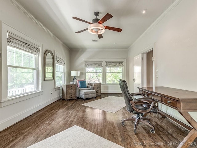1805 W Easton St, Tulsa, OK 74127 - office featuring wood finished floors, ornamental molding, and a ceiling fan