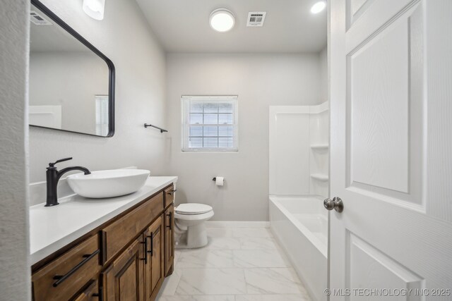 bathroom featuring visible vents, vanity, baseboards, toilet, and marble finish floor