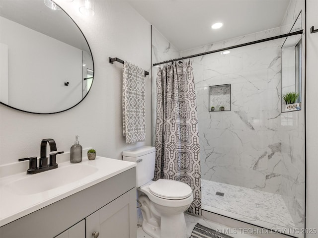 bathroom featuring recessed lighting, a shower with shower curtain, toilet, and vanity