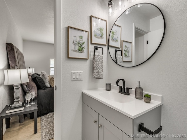 bathroom with wood finished floors, vanity, and a textured wall