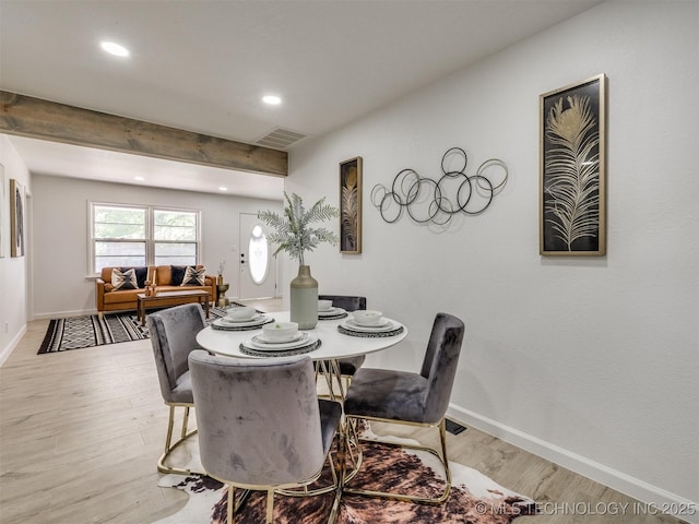 dining room featuring recessed lighting, beam ceiling, light wood-style floors, visible vents, and baseboards
