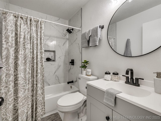 full bath with toilet, shower / bath combo with shower curtain, and vanity