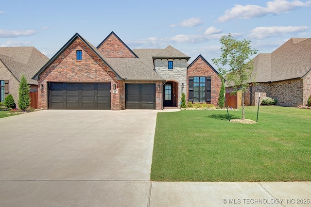 view of front of house featuring driveway, roof with shingles, a front lawn, brick siding, and a garage