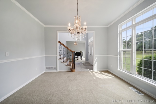 unfurnished dining area with a wealth of natural light, visible vents, a chandelier, and stairs