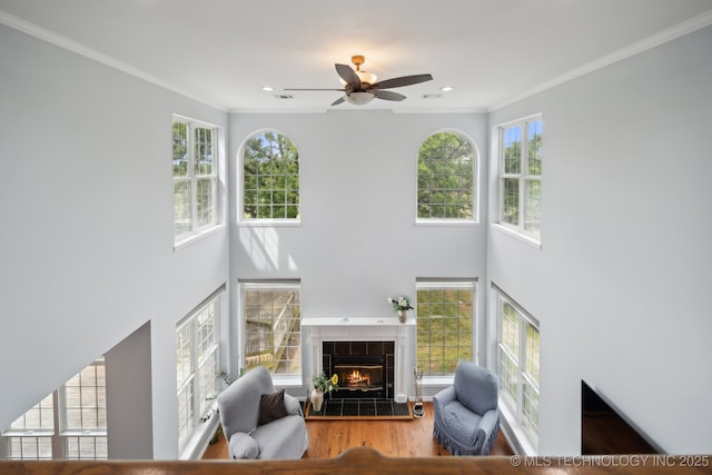 living room with crown molding, a fireplace, and plenty of natural light