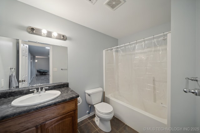 full bath featuring tile patterned floors, toilet, vanity, visible vents, and shower / tub combo