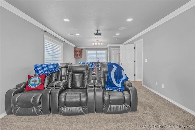 carpeted home theater featuring crown molding, recessed lighting, and baseboards