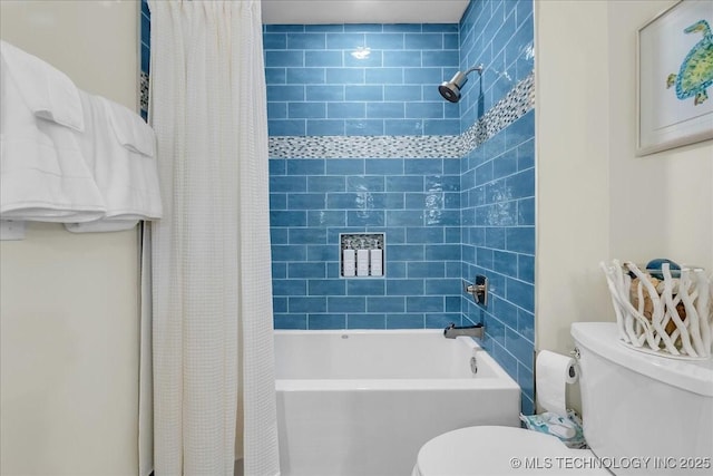 bathroom featuring toilet and shower / tub combo with curtain