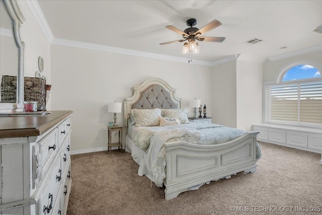 bedroom featuring crown molding, ceiling fan, light colored carpet, and visible vents