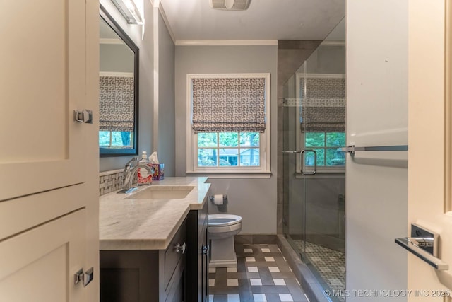 3505 S Birmingham Ave, Tulsa, OK 74105 - bathroom with vanity, a stall shower, and ornamental molding
