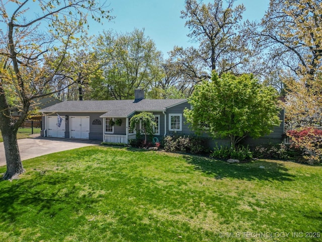3505 S Birmingham Ave, Tulsa, OK 74105 - view of front of property with driveway, a garage, a front lawn, a chimney, and roof with shingles