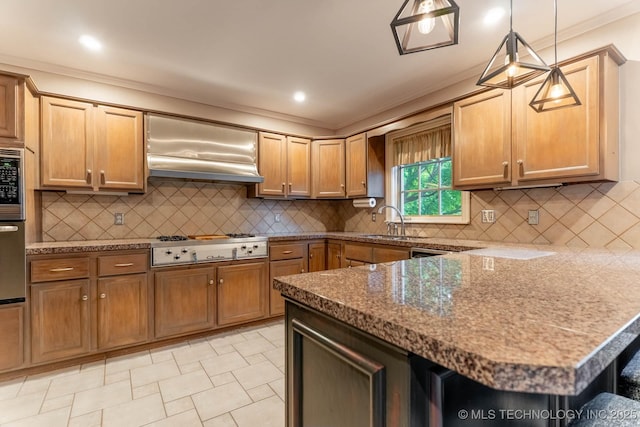 3505 S Birmingham Ave, Tulsa, OK 74105 - kitchen with appliances with stainless steel finishes, crown molding, custom exhaust hood, tasteful backsplash, and a peninsula