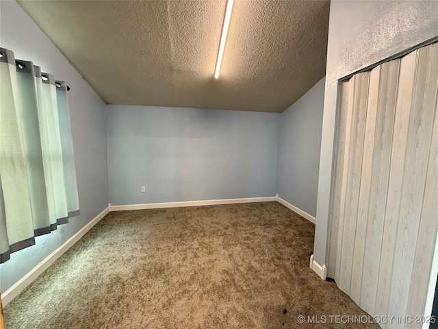 additional living space featuring a textured ceiling, baseboards, and carpet