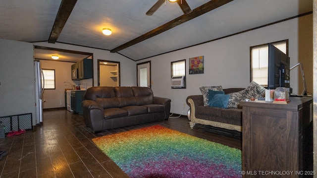 living room with dark wood-style floors, vaulted ceiling with beams, a ceiling fan, and plenty of natural light
