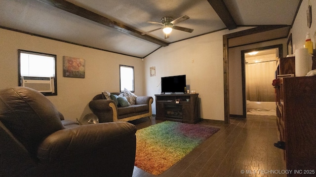 living room featuring lofted ceiling with beams, cooling unit, ceiling fan, baseboards, and dark wood-type flooring