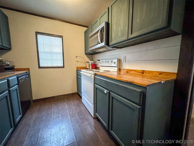 kitchen featuring stainless steel microwave, wood counters, white electric stove, black dishwasher, and dark wood-style flooring