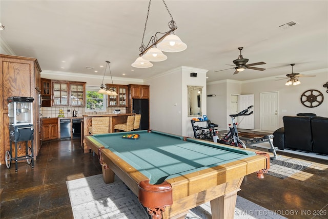 game room with visible vents, ceiling fan, crown molding, and pool table