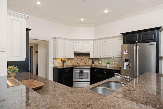 kitchen featuring under cabinet range hood, dark cabinets, appliances with stainless steel finishes, and a sink