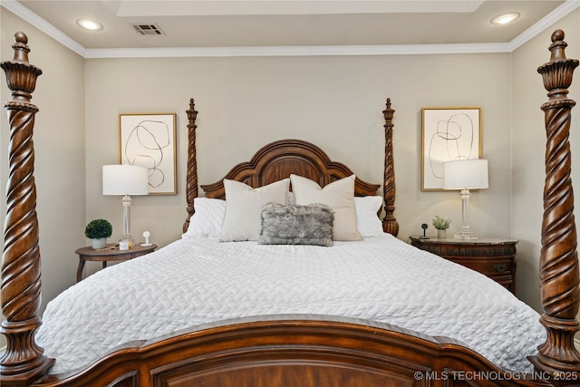 bedroom featuring crown molding, recessed lighting, and visible vents