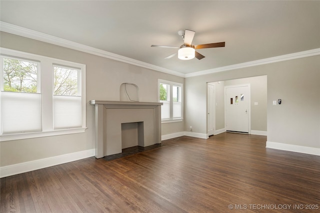 1212 S Knoxville Ave, Tulsa, OK 74112 - unfurnished living room featuring baseboards, a ceiling fan, a fireplace with flush hearth, and dark wood-type flooring